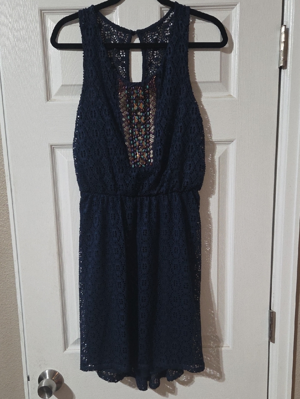 Maurices Navy Crochet Mini Dress with Multicolor Beaded Front